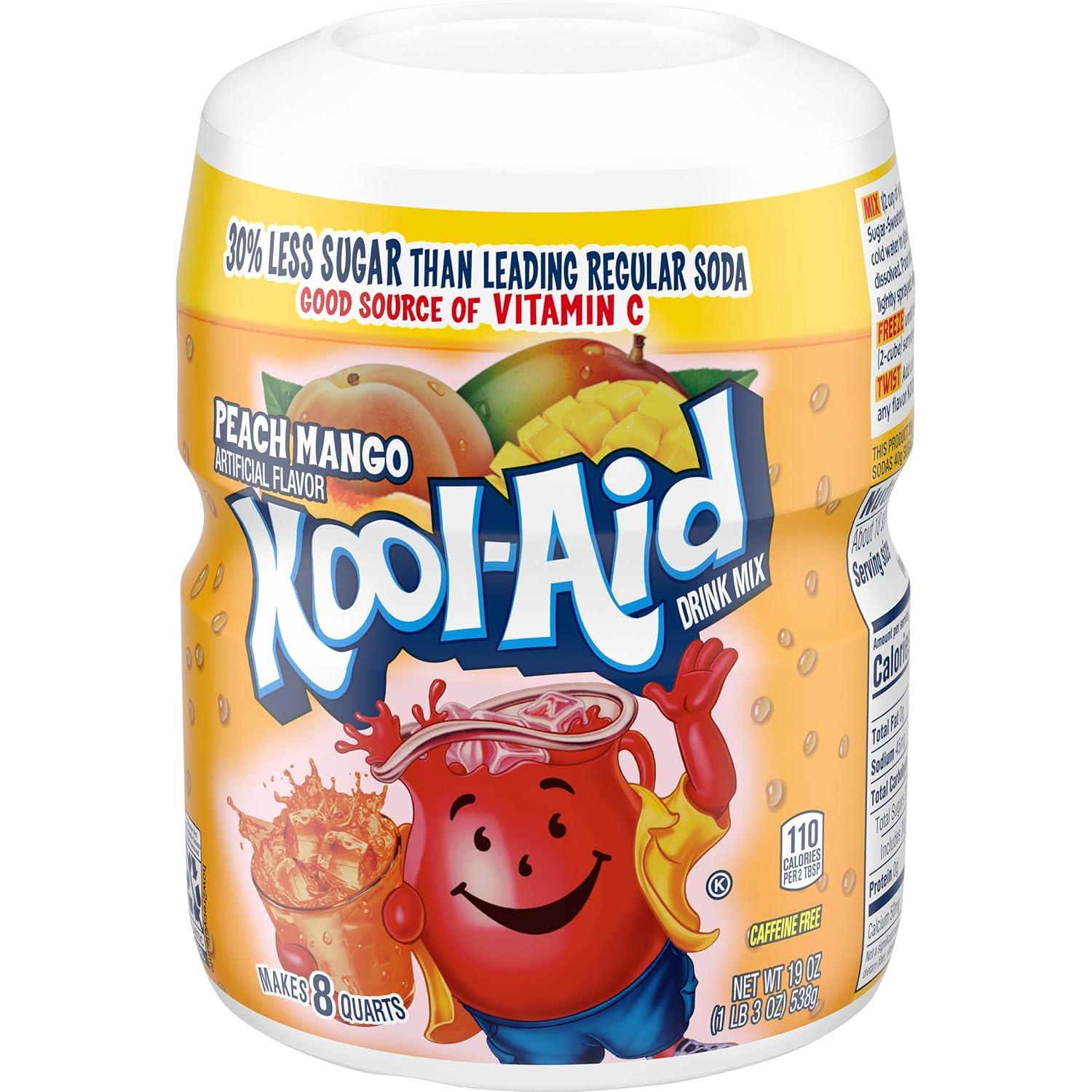 image:imageKoolAid Caffeine Free Cherry Sweetened Powdered Drink Mix 12 Count 19 oz CanistersPeach Mango