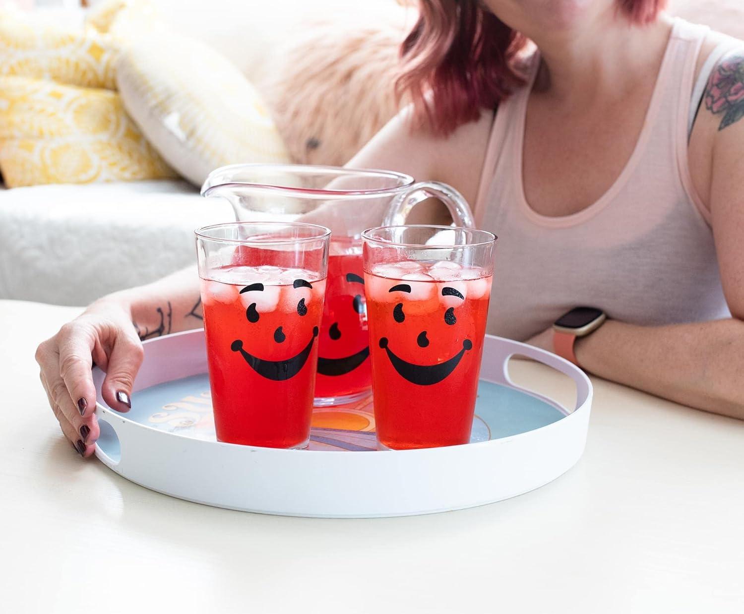 image:imageKoolAid Man 64Ounce Glass Pitcher and Two 16Ounce Pint Glasses Beverage Dispenser Carafe and Glassware For Water Juice Iced Tea Cocktails Home amp Kitchen Essentials Nostalgic Gifts