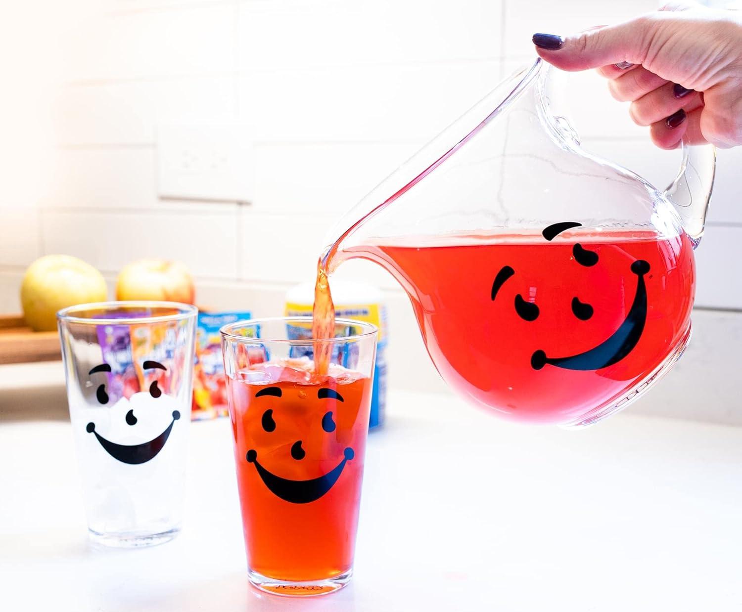 image:imageKoolAid Man 64Ounce Glass Pitcher and Two 16Ounce Pint Glasses Beverage Dispenser Carafe and Glassware For Water Juice Iced Tea Cocktails Home amp Kitchen Essentials Nostalgic Gifts