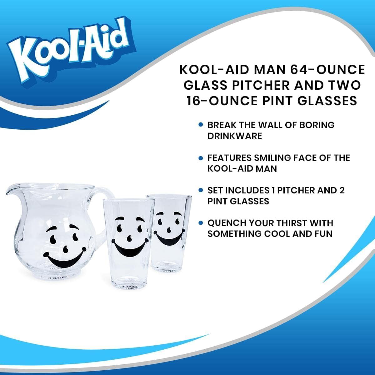 image:imageKoolAid Man 64Ounce Glass Pitcher and Two 16Ounce Pint Glasses Beverage Dispenser Carafe and Glassware For Water Juice Iced Tea Cocktails Home amp Kitchen Essentials Nostalgic Gifts