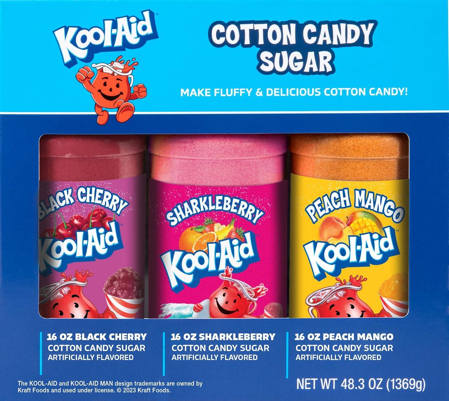 image:imageNostalgia KoolAid Cotton Candy Variety Kit 3 Flossing Sugar Flavors Blue Raspberry Strawberry Tropical Punch 7oz Bottles Compatible with Cotton Candy Makers Party SuppliesBlack Cherry Sharkleberry Peach Mango