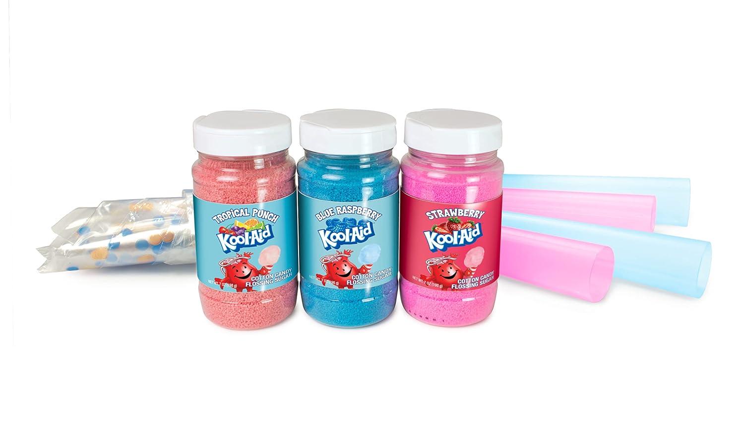 image:imageNostalgia KoolAid Cotton Candy Variety Kit 3 Flossing Sugar Flavors Blue Raspberry Strawberry Tropical Punch 7oz Bottles Compatible with Cotton Candy Makers Party SuppliesKoolAid Cotton Candy Kit