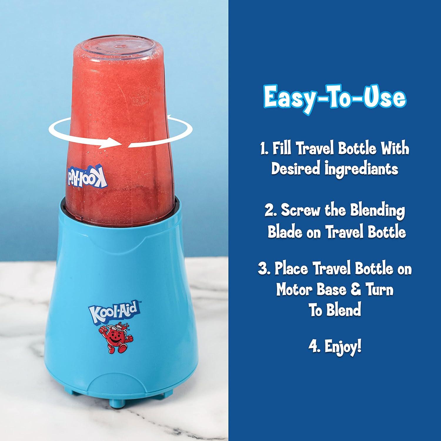 image:imageNostalgia KoolAid Slush N Go Personal Blender for Smoothies Slushies Shakes and Fruit Blends Includes Two 15 Oz Travel Bottles Cup Lid and Reusable Straw BlueKoolAid Blender