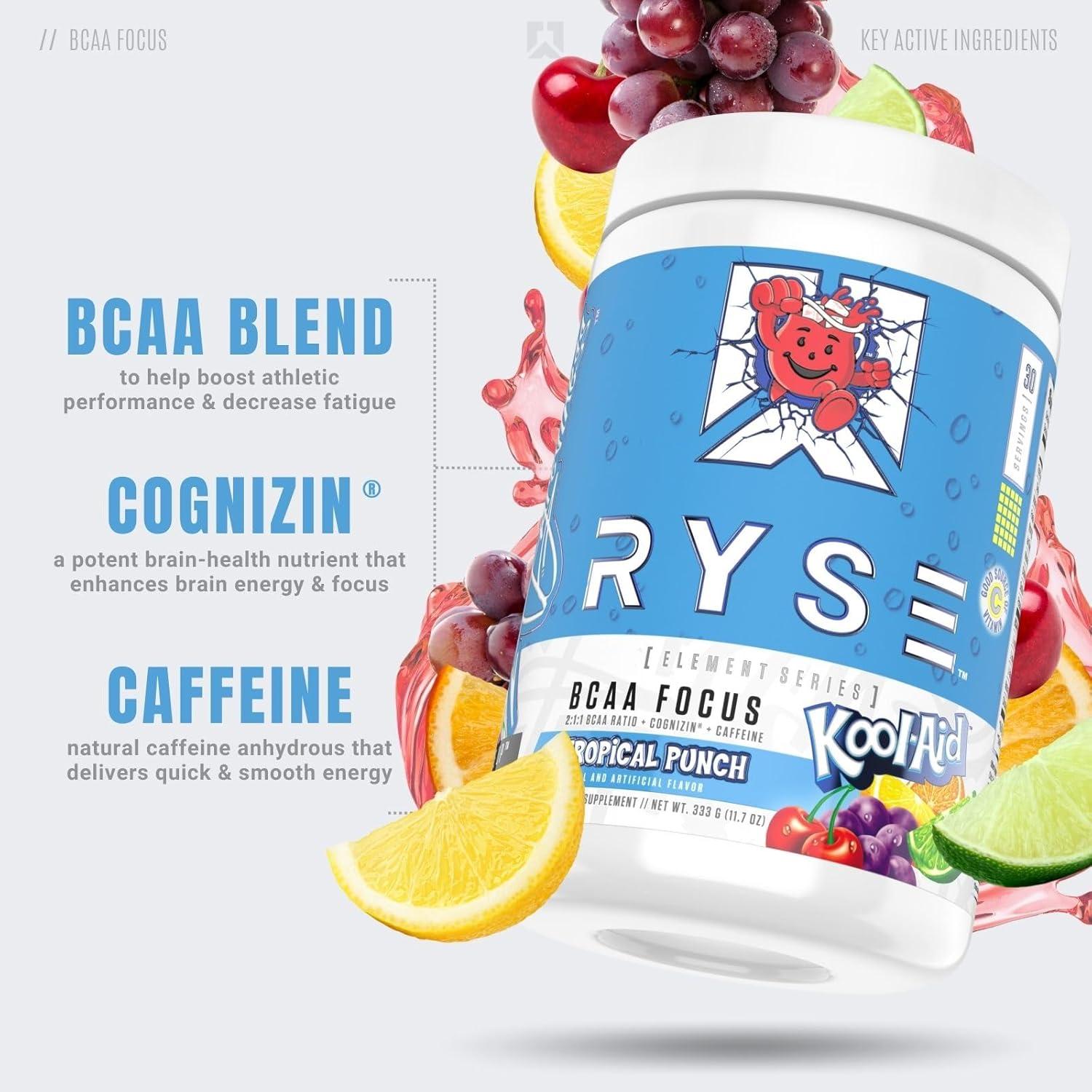 image:imageRYSE BCAA Focus Powder KoolAid Tropical Punch BCAA Supplement with Electrolytes Natural Caffeine amp Cognizin Supports for Hydration Recovery Energy and Focus for Men amp Women 30 ServingsKool Aid Tropical Punch