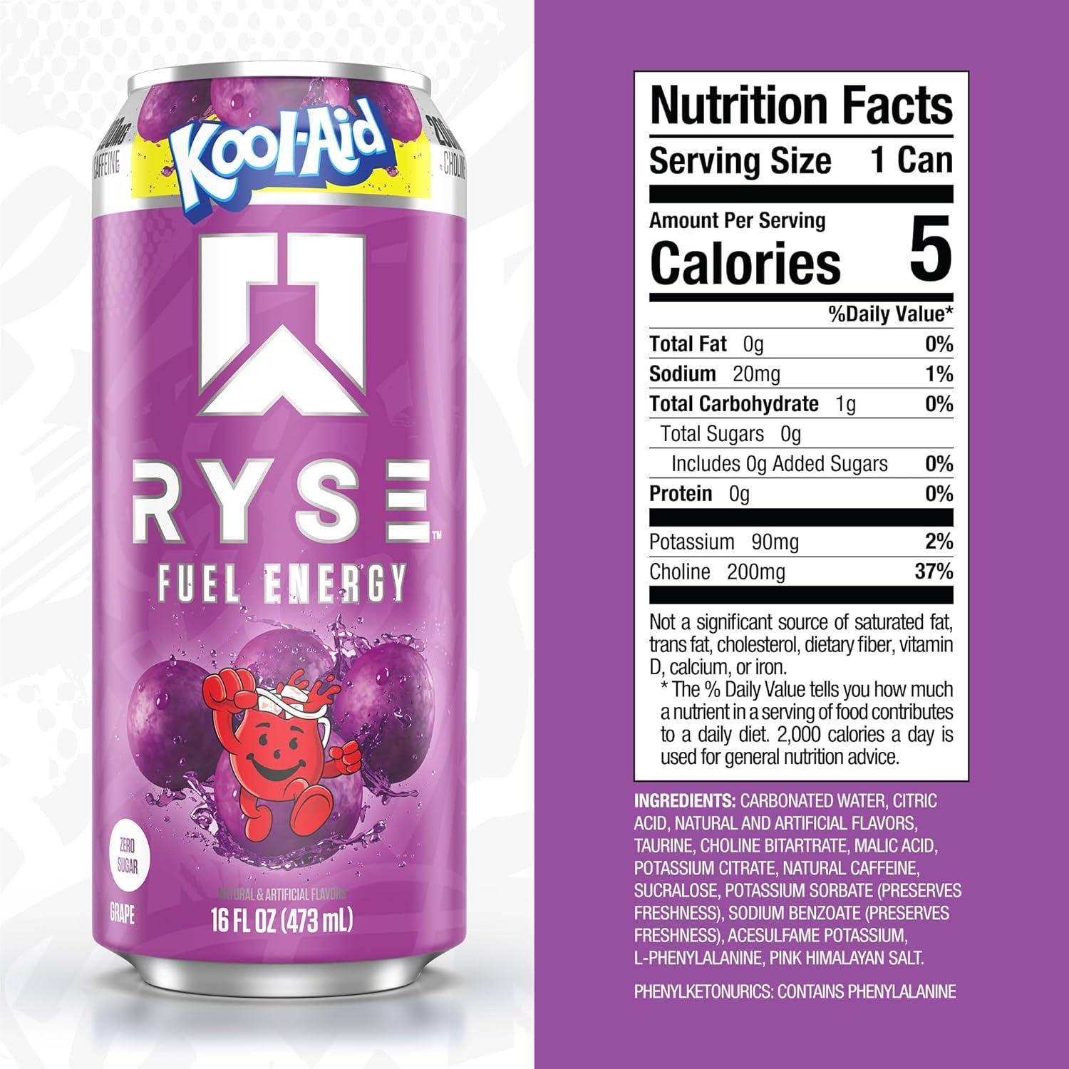 image:imageRYSE Fuel Energy Drink KoolAid Tropical Punch Sugar Free Gluten Free amp Vegan 200mg Natural Caffeine Taurine amp Choline for Focus amp Energy No Artificial Colors 16 fl oz Cans 12PackKoolAid Grape