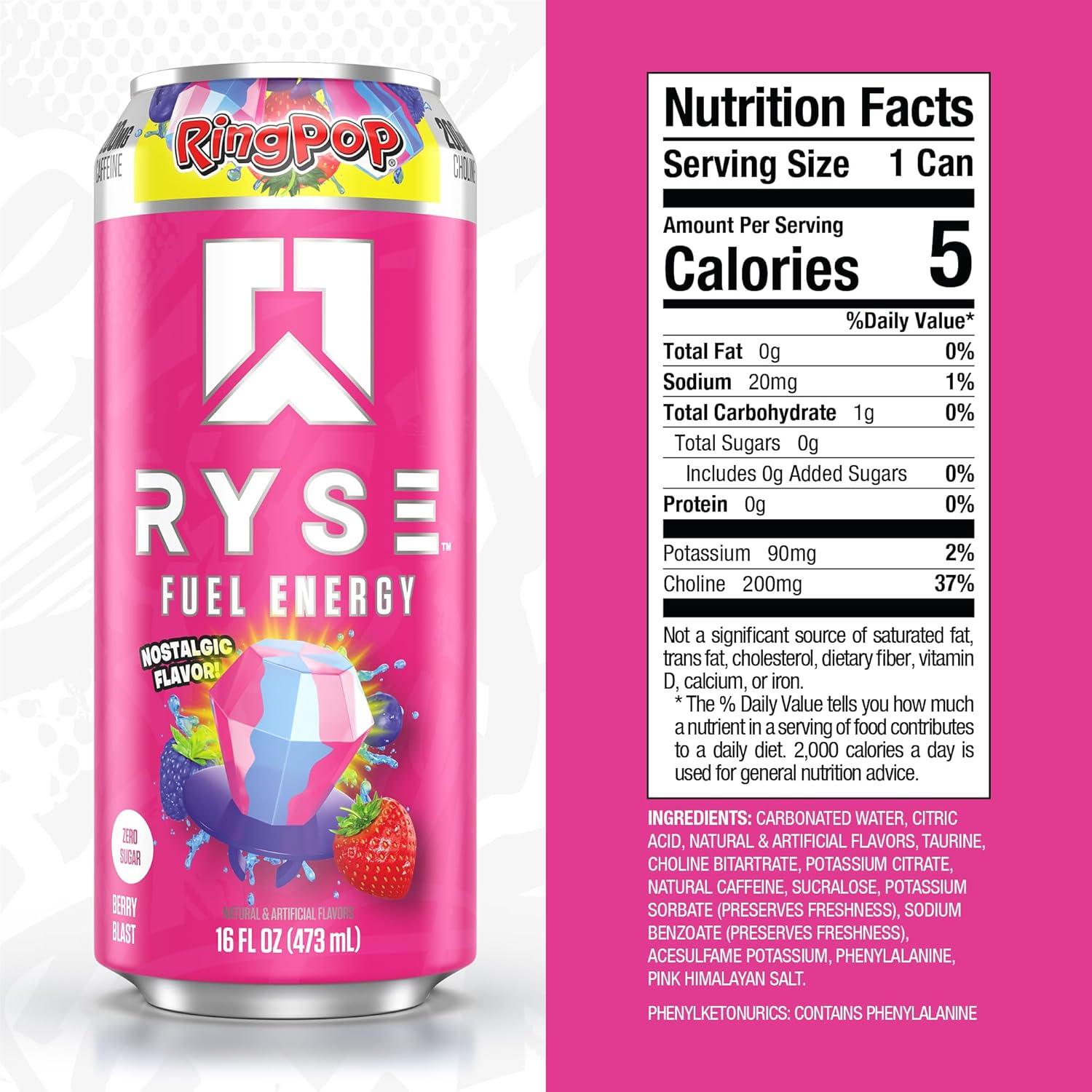 image:imageRYSE Fuel Energy Drink KoolAid Tropical Punch Sugar Free Gluten Free amp Vegan 200mg Natural Caffeine Taurine amp Choline for Focus amp Energy No Artificial Colors 16 fl oz Cans 12PackRing Pop Berry Blast