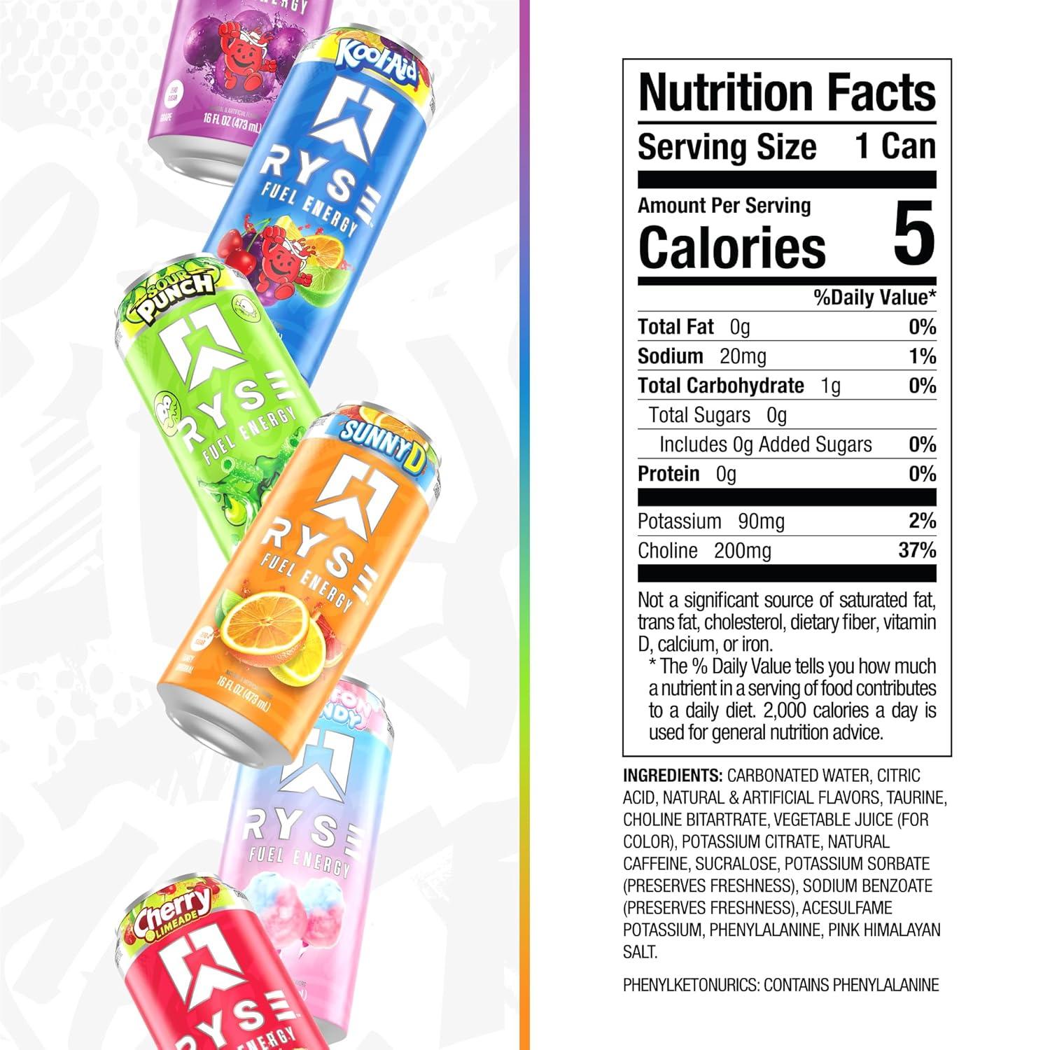 image:imageRYSE Fuel Energy Drink KoolAid Tropical Punch Sugar Free Gluten Free amp Vegan 200mg Natural Caffeine Taurine amp Choline for Focus amp Energy No Artificial Colors 16 fl oz Cans 12PackVariety Pack