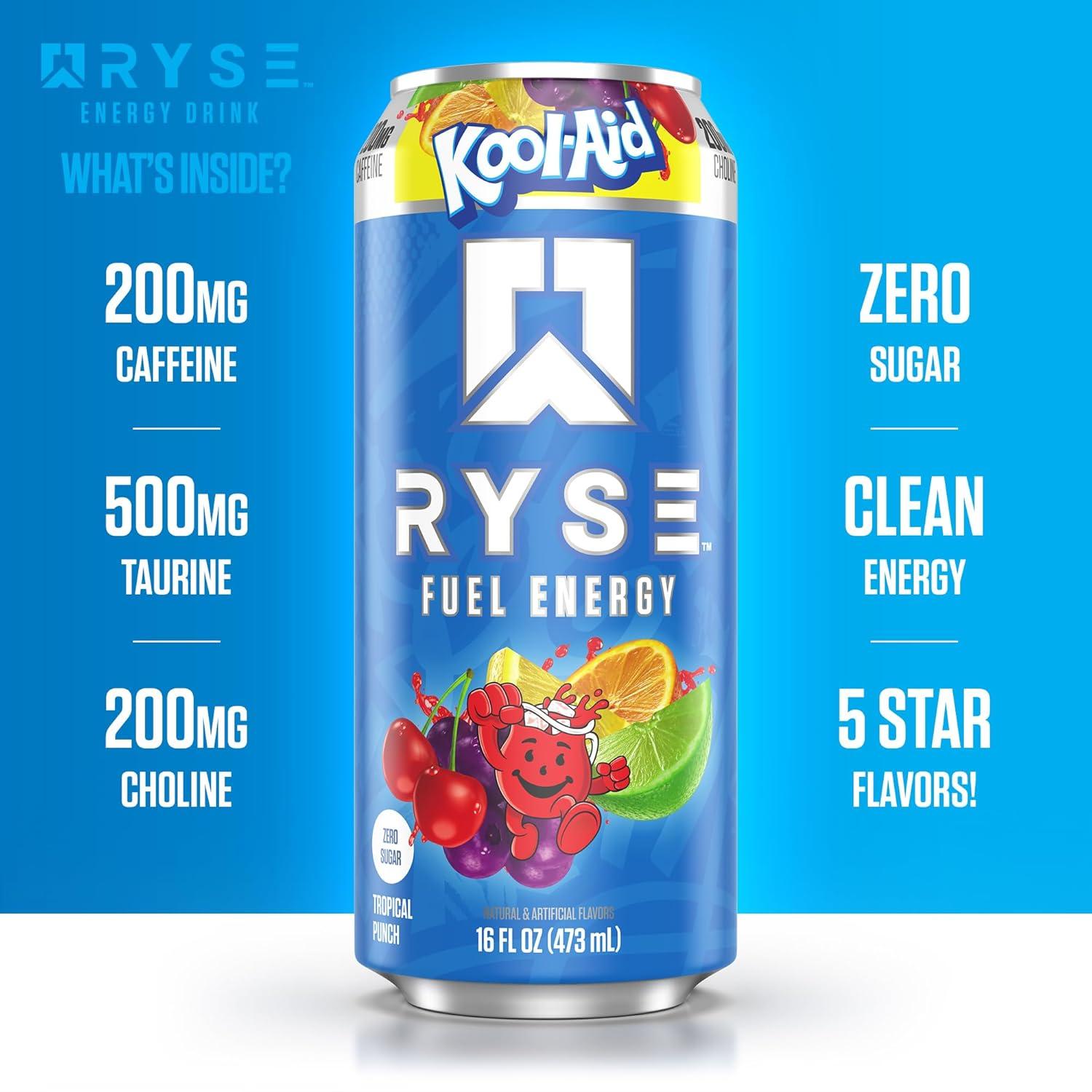 image:imageRYSE Fuel Energy Drink KoolAid Tropical Punch Sugar Free Gluten Free amp Vegan 200mg Natural Caffeine Taurine amp Choline for Focus amp Energy No Artificial Colors 16 fl oz Cans 12PackKoolAid Tropical Punch