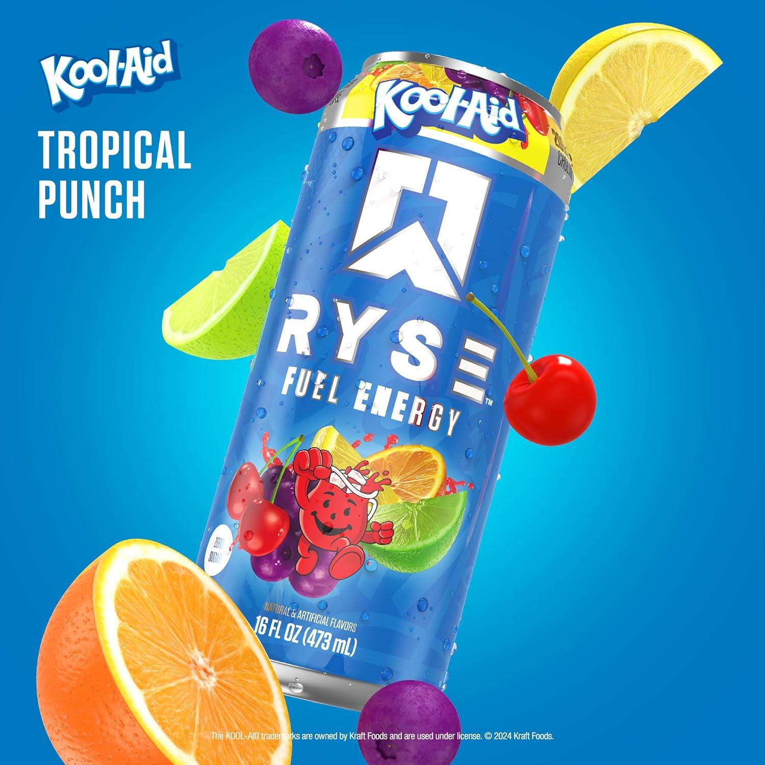 image:imageRYSE Fuel Energy Drink KoolAid Tropical Punch Sugar Free Gluten Free amp Vegan 200mg Natural Caffeine Taurine amp Choline for Focus amp Energy No Artificial Colors 16 fl oz Cans 12PackKoolAid Tropical Punch