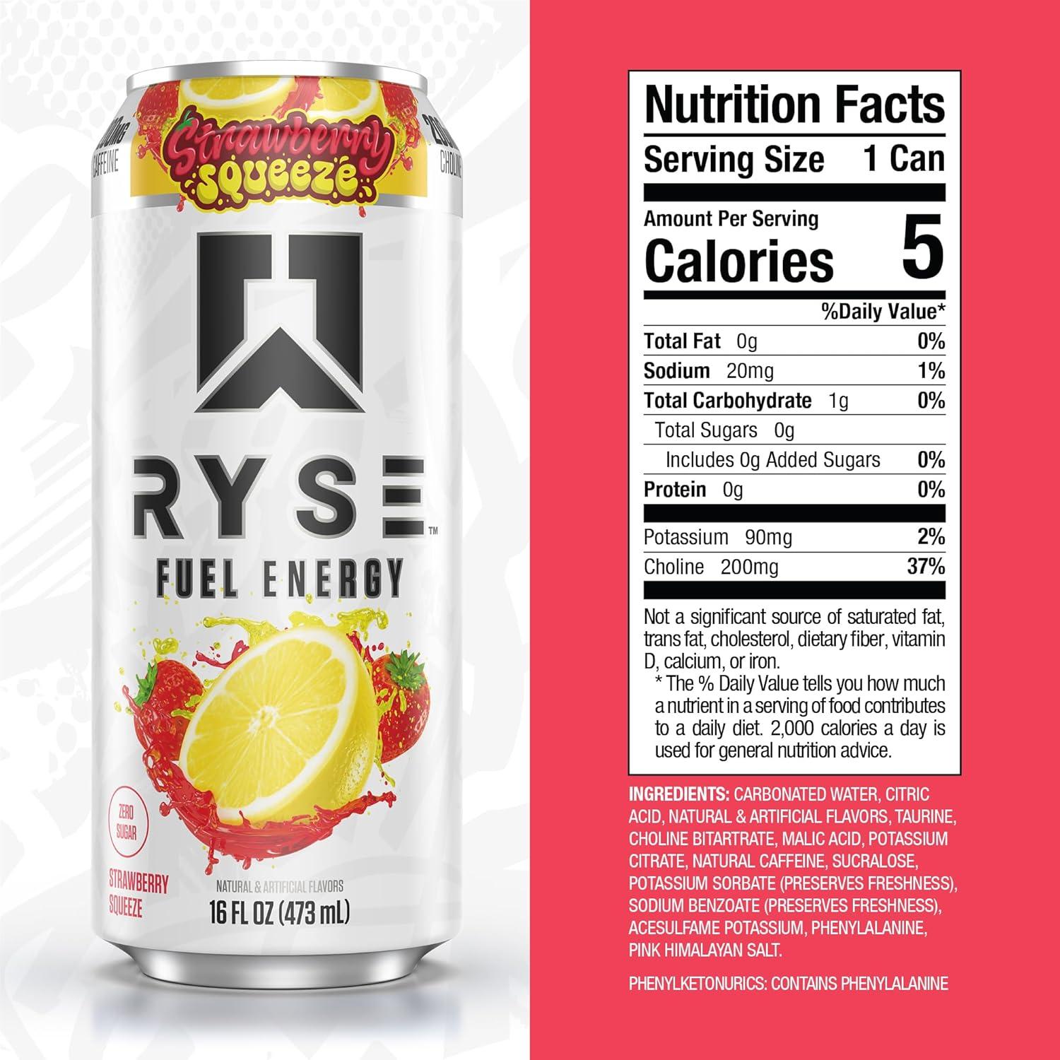 image:imageRYSE Fuel Energy Drink KoolAid Tropical Punch Sugar Free Gluten Free amp Vegan 200mg Natural Caffeine Taurine amp Choline for Focus amp Energy No Artificial Colors 16 fl oz Cans 12PackStrawberry Squeeze