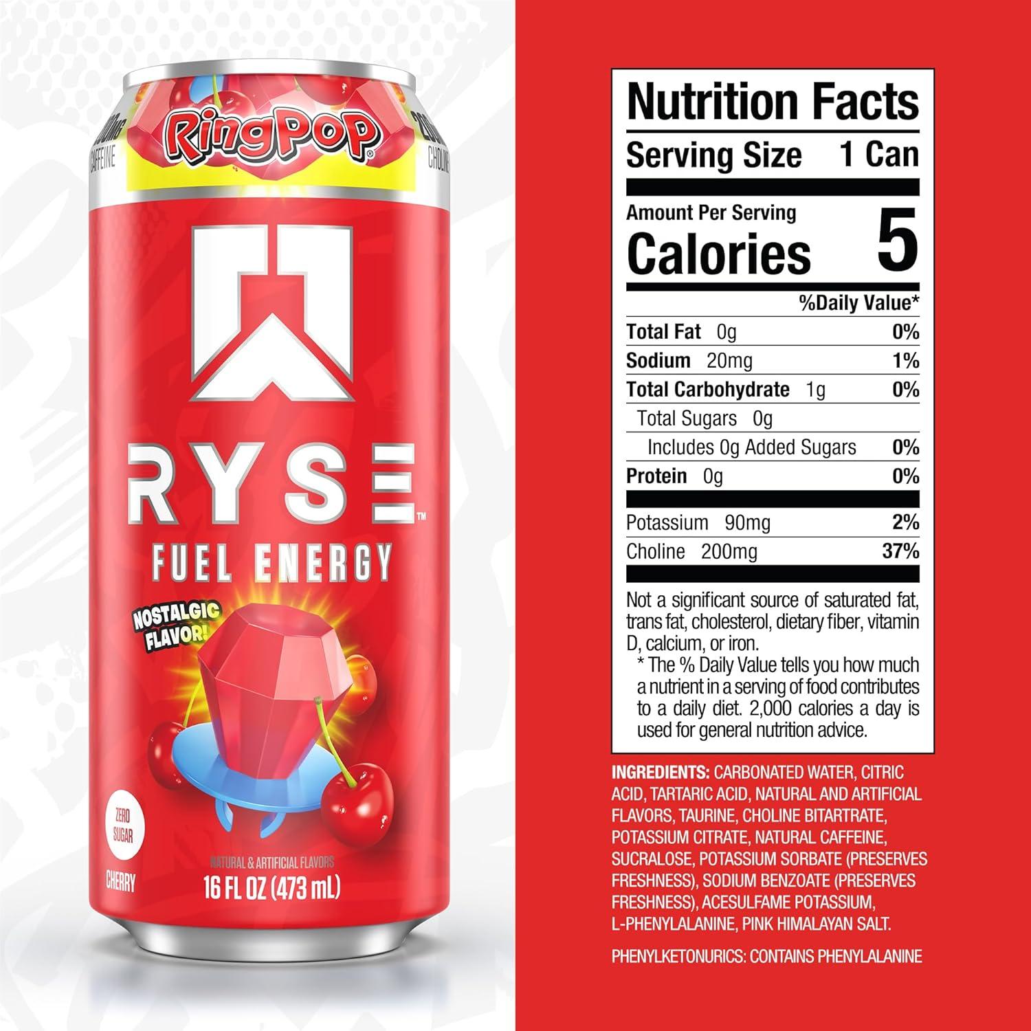 image:imageRYSE Fuel Energy Drink KoolAid Tropical Punch Sugar Free Gluten Free amp Vegan 200mg Natural Caffeine Taurine amp Choline for Focus amp Energy No Artificial Colors 16 fl oz Cans 12PackRing Pop Cherry