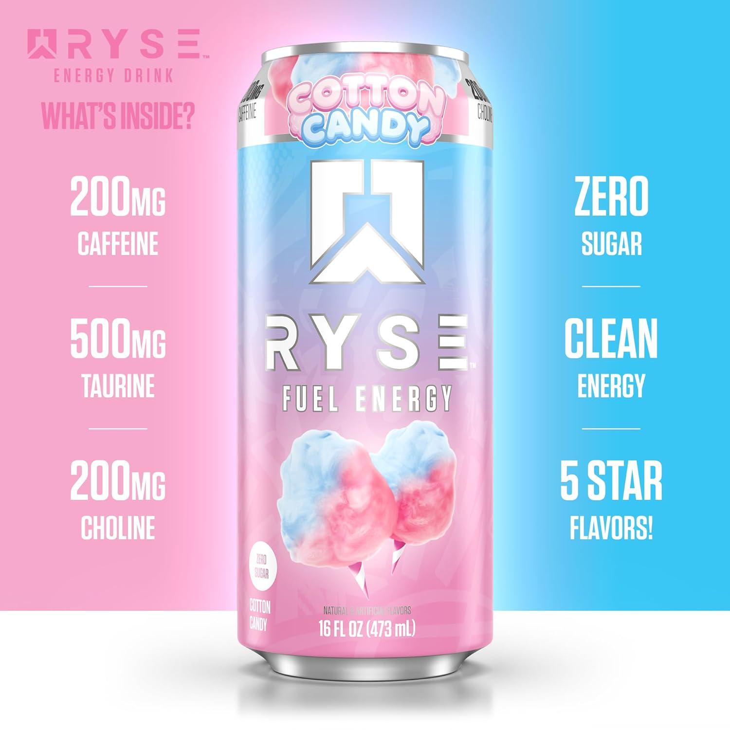 image:imageRYSE Fuel Energy Drink KoolAid Tropical Punch Sugar Free Gluten Free amp Vegan 200mg Natural Caffeine Taurine amp Choline for Focus amp Energy No Artificial Colors 16 fl oz Cans 12PackCotton Candy