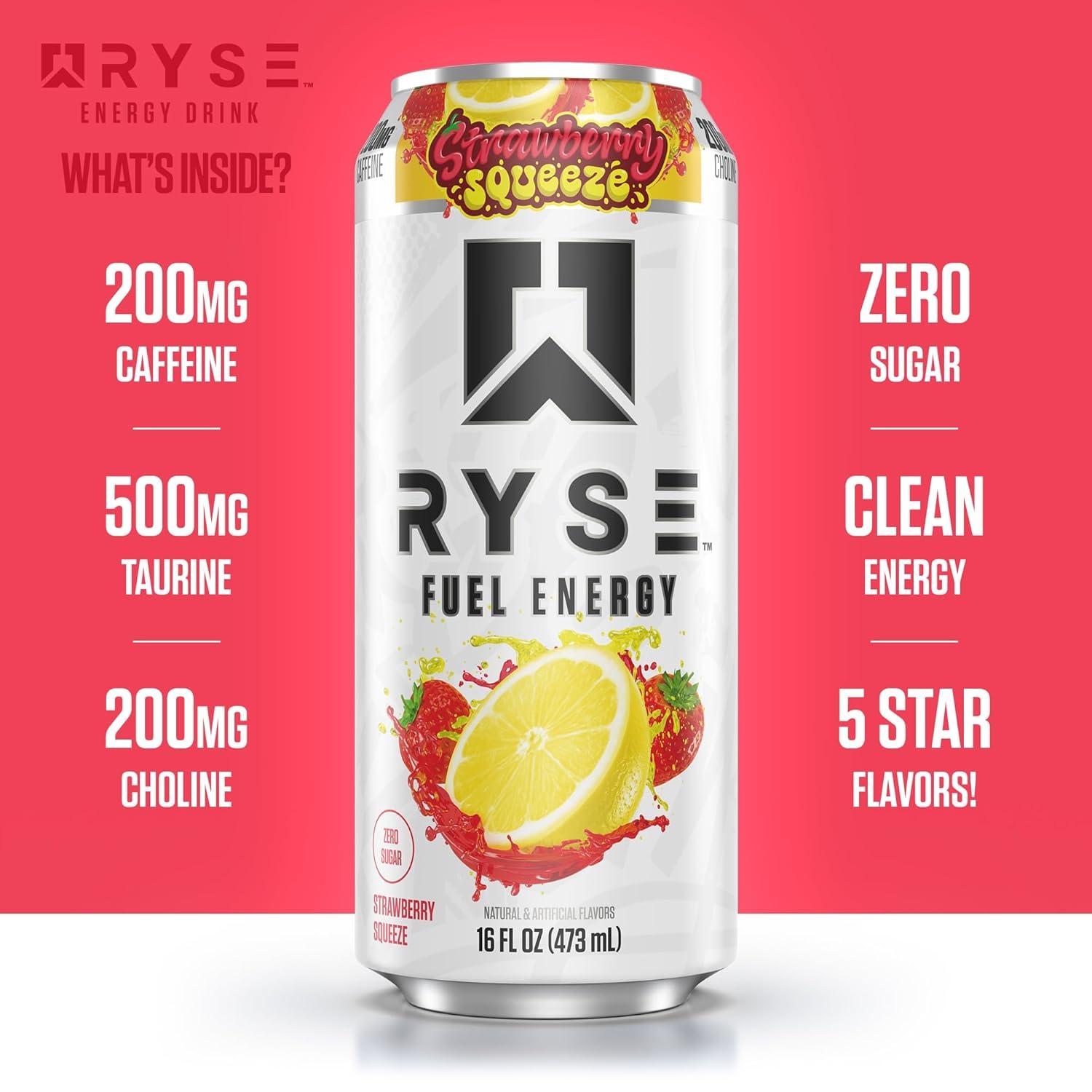 image:imageRYSE Fuel Energy Drink KoolAid Tropical Punch Sugar Free Gluten Free amp Vegan 200mg Natural Caffeine Taurine amp Choline for Focus amp Energy No Artificial Colors 16 fl oz Cans 12PackStrawberry Squeeze