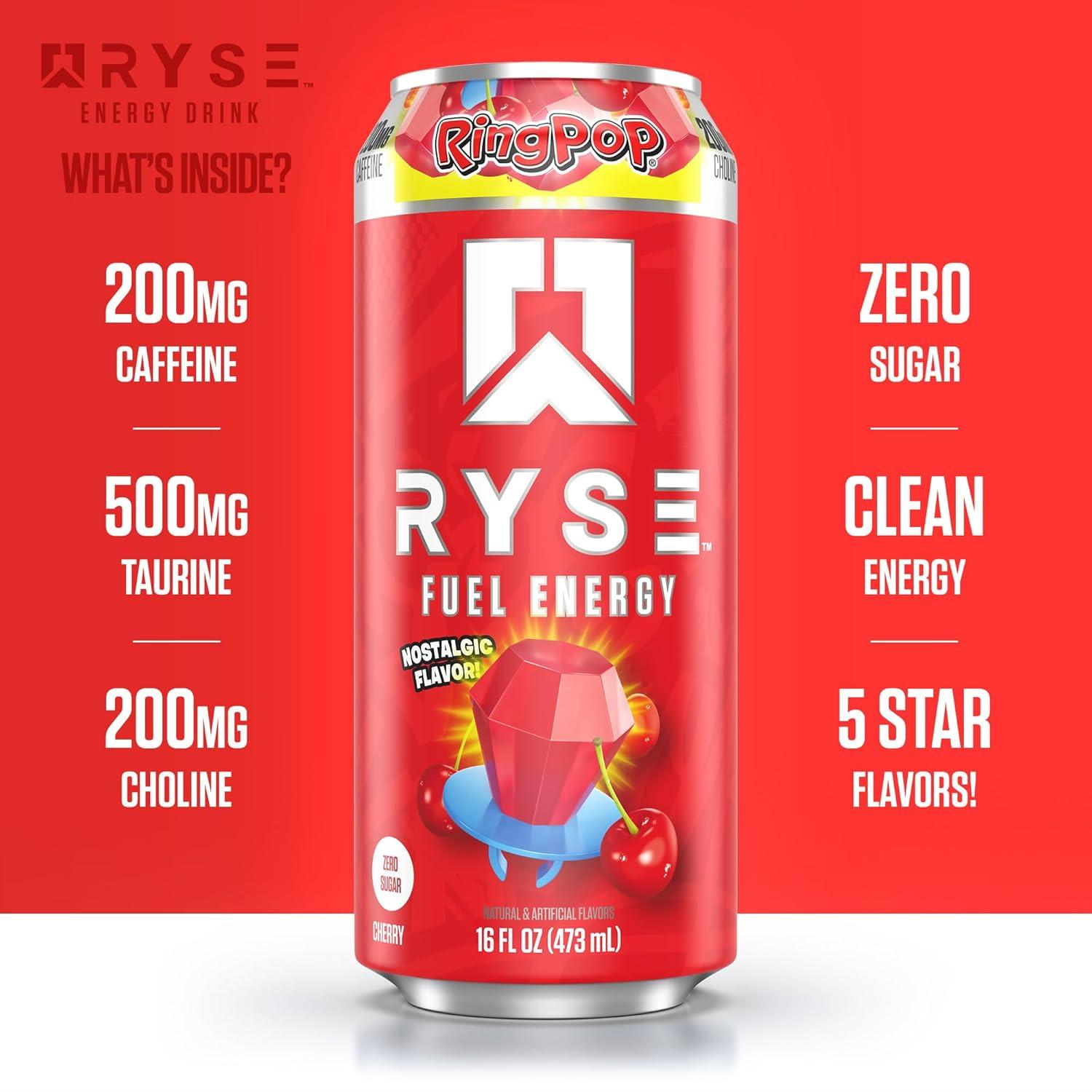 image:imageRYSE Fuel Energy Drink KoolAid Tropical Punch Sugar Free Gluten Free amp Vegan 200mg Natural Caffeine Taurine amp Choline for Focus amp Energy No Artificial Colors 16 fl oz Cans 12PackRing Pop Cherry
