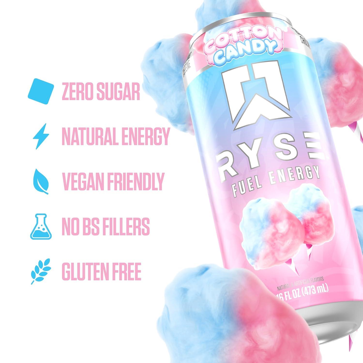 image:imageRYSE Fuel Energy Drink KoolAid Tropical Punch Sugar Free Gluten Free amp Vegan 200mg Natural Caffeine Taurine amp Choline for Focus amp Energy No Artificial Colors 16 fl oz Cans 12PackCotton Candy