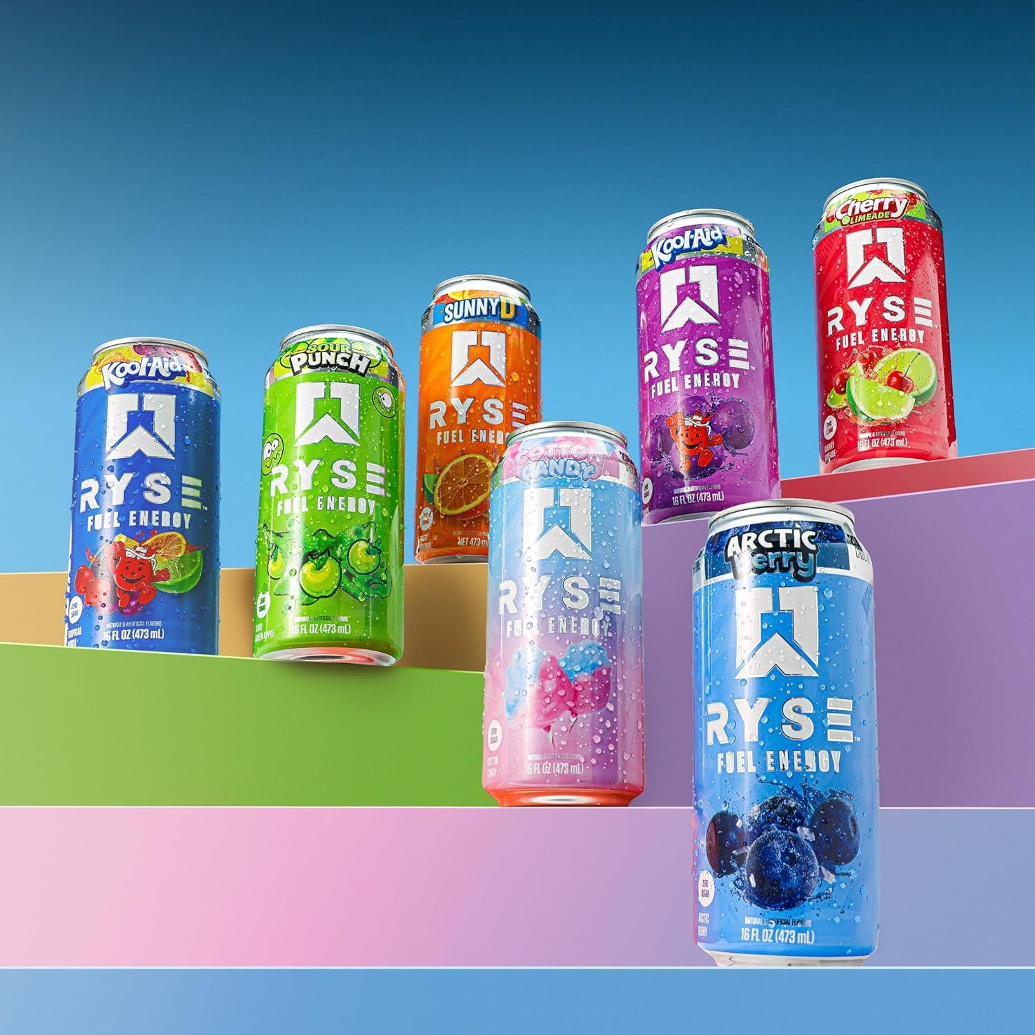image:imageRYSE Fuel Energy Drink KoolAid Tropical Punch Sugar Free Gluten Free amp Vegan 200mg Natural Caffeine Taurine amp Choline for Focus amp Energy No Artificial Colors 16 fl oz Cans 12PackVariety Pack