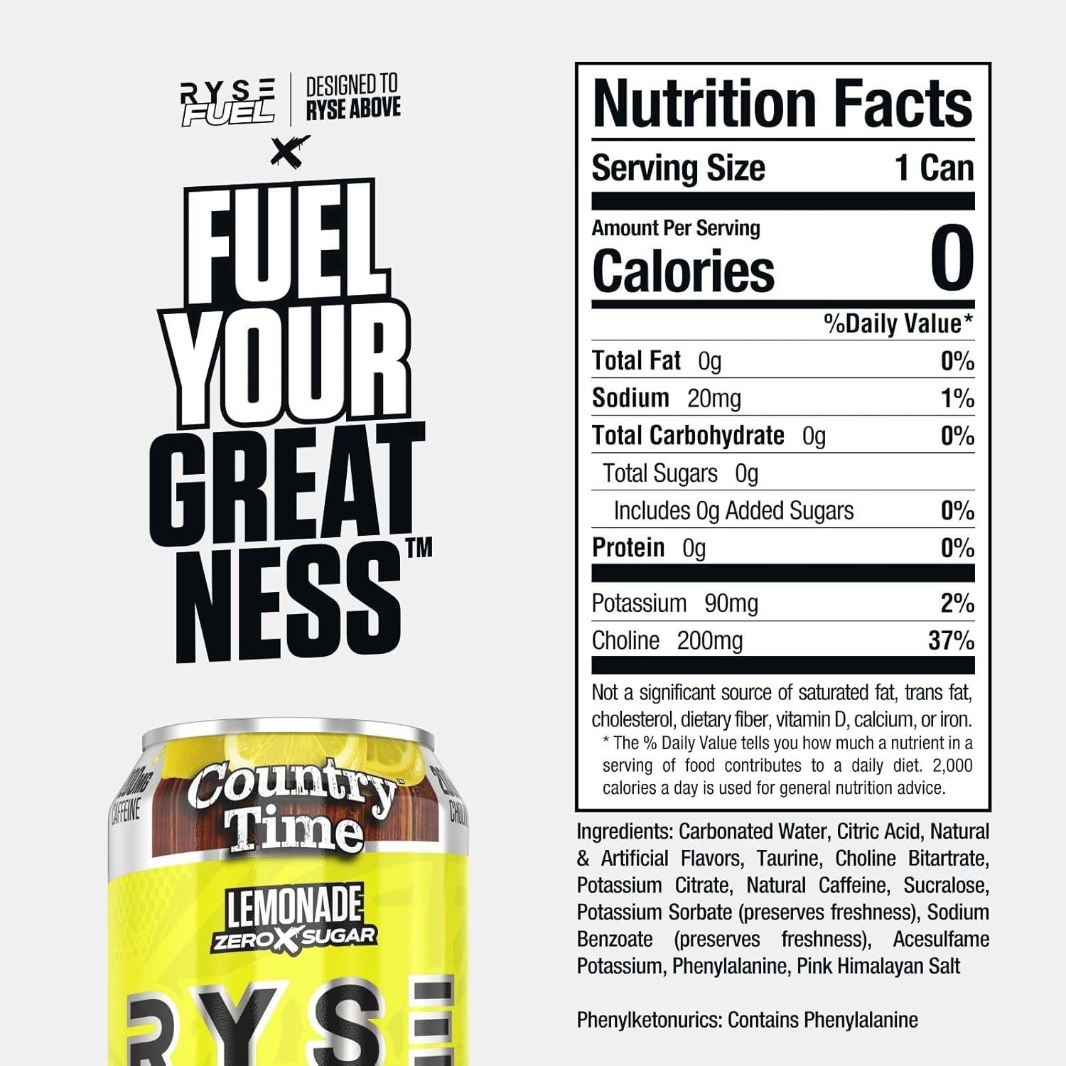image:imageRYSE Fuel Energy Drink KoolAid Tropical Punch Sugar Free Gluten Free amp Vegan 200mg Natural Caffeine Taurine amp Choline for Focus amp Energy No Artificial Colors 16 fl oz Cans 12PackCountry Time Lemonade