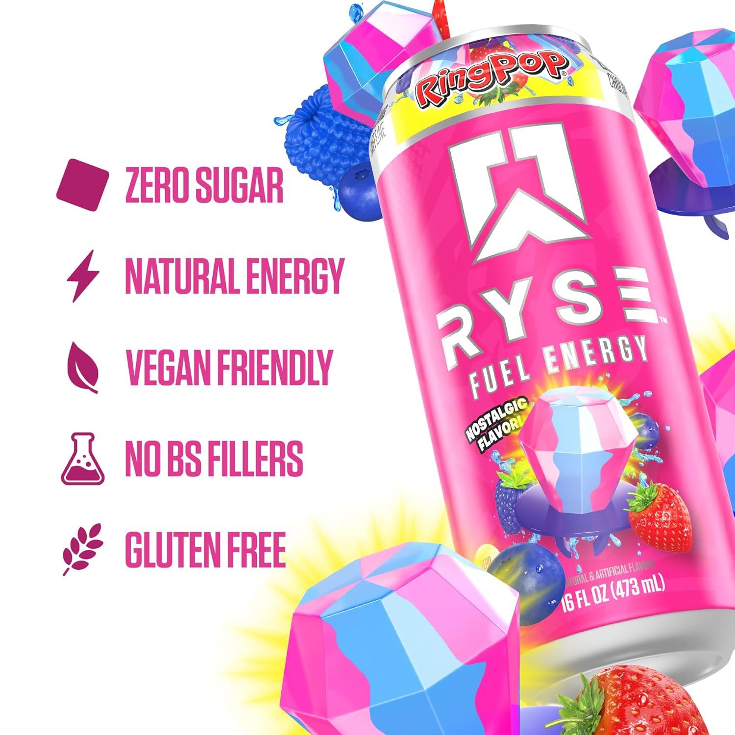 image:imageRYSE Fuel Energy Drink KoolAid Tropical Punch Sugar Free Gluten Free amp Vegan 200mg Natural Caffeine Taurine amp Choline for Focus amp Energy No Artificial Colors 16 fl oz Cans 12PackRing Pop Berry Blast