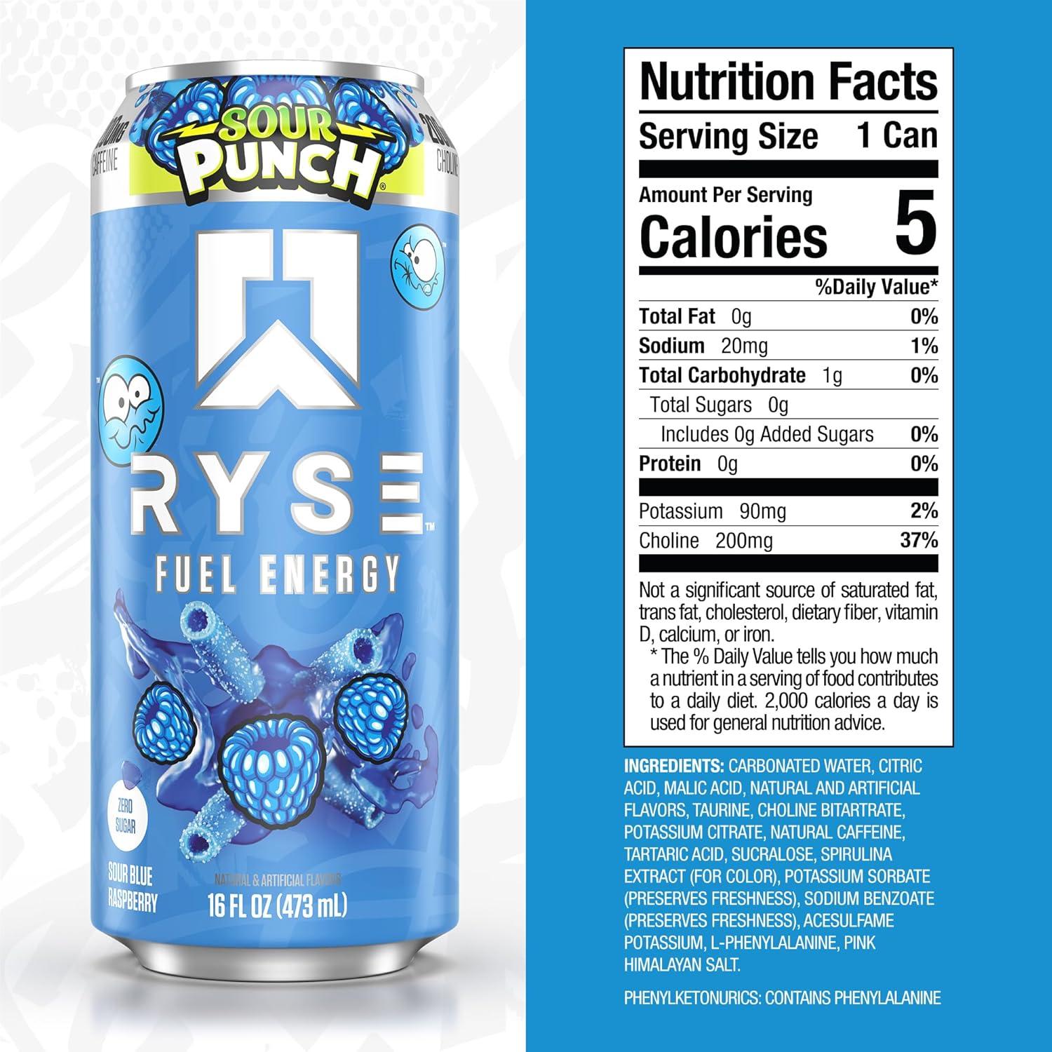 image:imageRYSE Fuel Energy Drink KoolAid Tropical Punch Sugar Free Gluten Free amp Vegan 200mg Natural Caffeine Taurine amp Choline for Focus amp Energy No Artificial Colors 16 fl oz Cans 12PackSour Punch Blue Raspberry