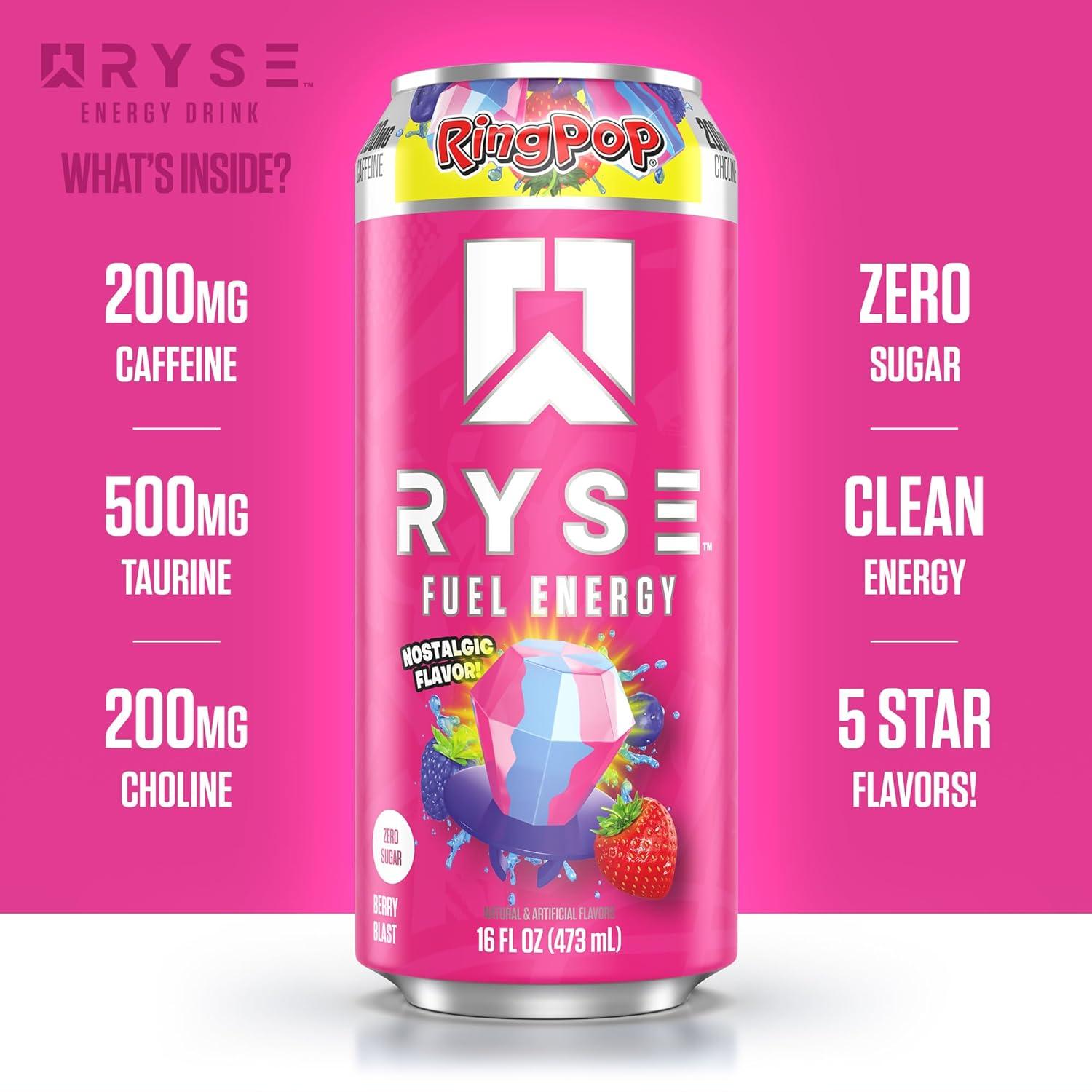 image:imageRYSE Fuel Energy Drink KoolAid Tropical Punch Sugar Free Gluten Free amp Vegan 200mg Natural Caffeine Taurine amp Choline for Focus amp Energy No Artificial Colors 16 fl oz Cans 12PackRing Pop Berry Blast
