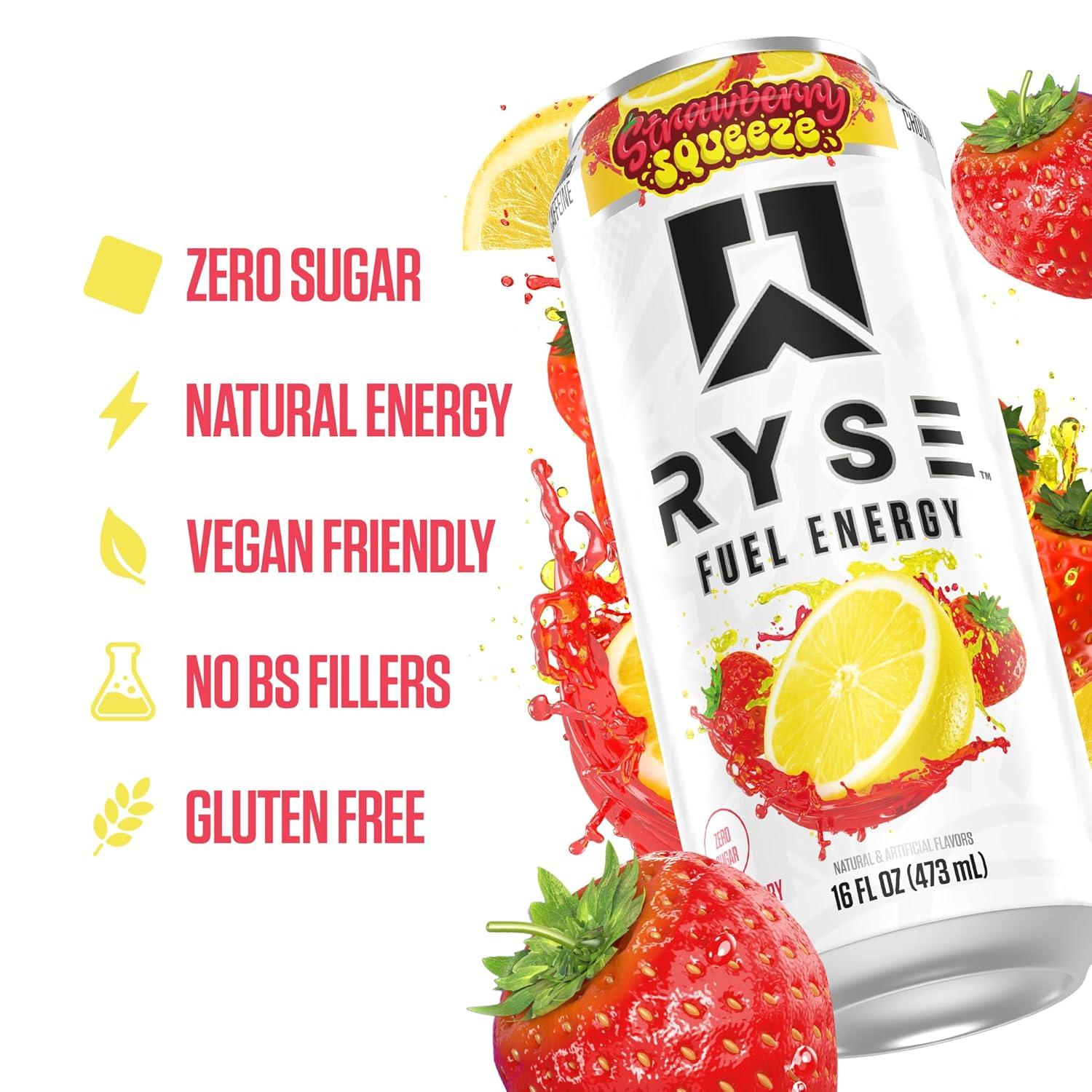 image:imageRYSE Fuel Energy Drink KoolAid Tropical Punch Sugar Free Gluten Free amp Vegan 200mg Natural Caffeine Taurine amp Choline for Focus amp Energy No Artificial Colors 16 fl oz Cans 12PackStrawberry Squeeze