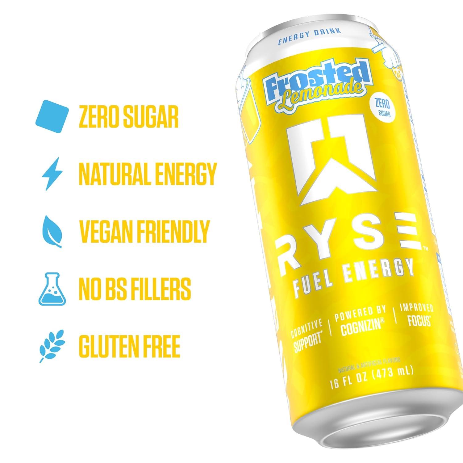image:imageRYSE Fuel Energy Drink KoolAid Tropical Punch Sugar Free Gluten Free amp Vegan 200mg Natural Caffeine Taurine amp Choline for Focus amp Energy No Artificial Colors 16 fl oz Cans 12PackFrosted Lemonade