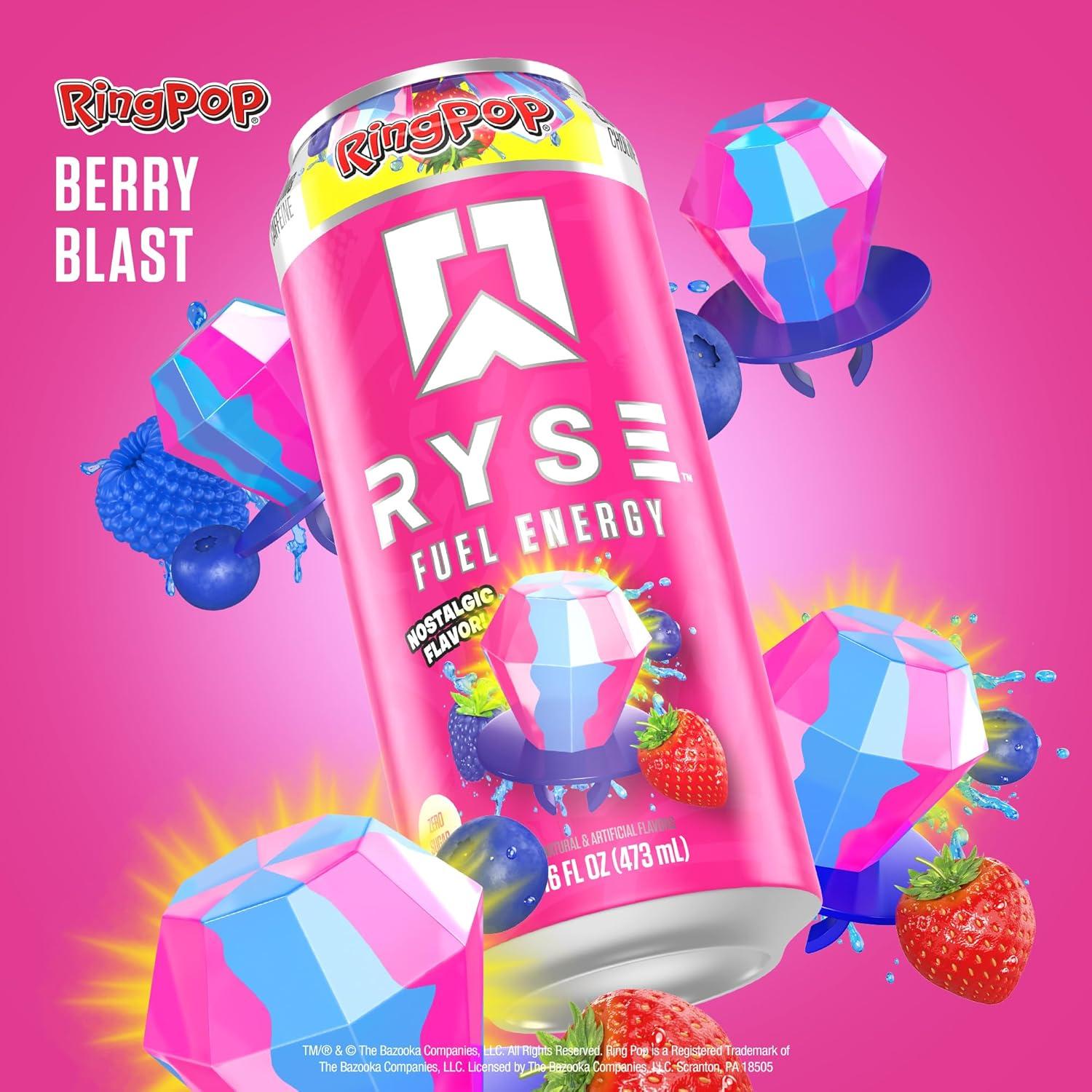 image:imageRYSE Fuel Energy Drink KoolAid Tropical Punch Sugar Free Gluten Free amp Vegan 200mg Natural Caffeine Taurine amp Choline for Focus amp Energy No Artificial Colors 16 fl oz Cans 12PackRing Pop Berry Blast