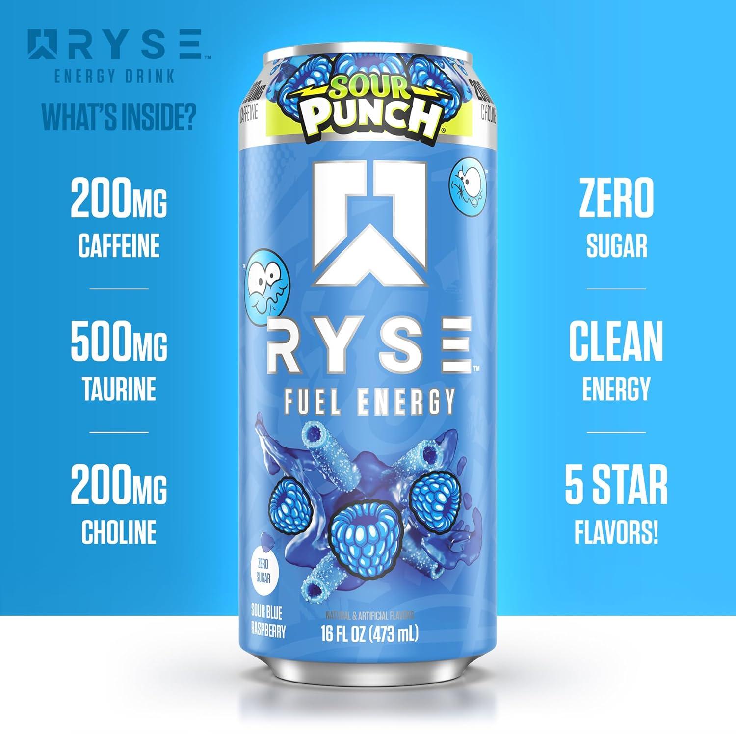 image:imageRYSE Fuel Energy Drink KoolAid Tropical Punch Sugar Free Gluten Free amp Vegan 200mg Natural Caffeine Taurine amp Choline for Focus amp Energy No Artificial Colors 16 fl oz Cans 12PackSour Punch Blue Raspberry