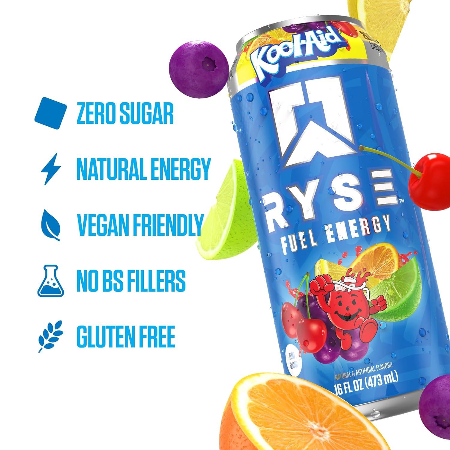 image:imageRYSE Fuel Energy Drink KoolAid Tropical Punch Sugar Free Gluten Free amp Vegan 200mg Natural Caffeine Taurine amp Choline for Focus amp Energy No Artificial Colors 16 fl oz Cans 12PackVariety Pack