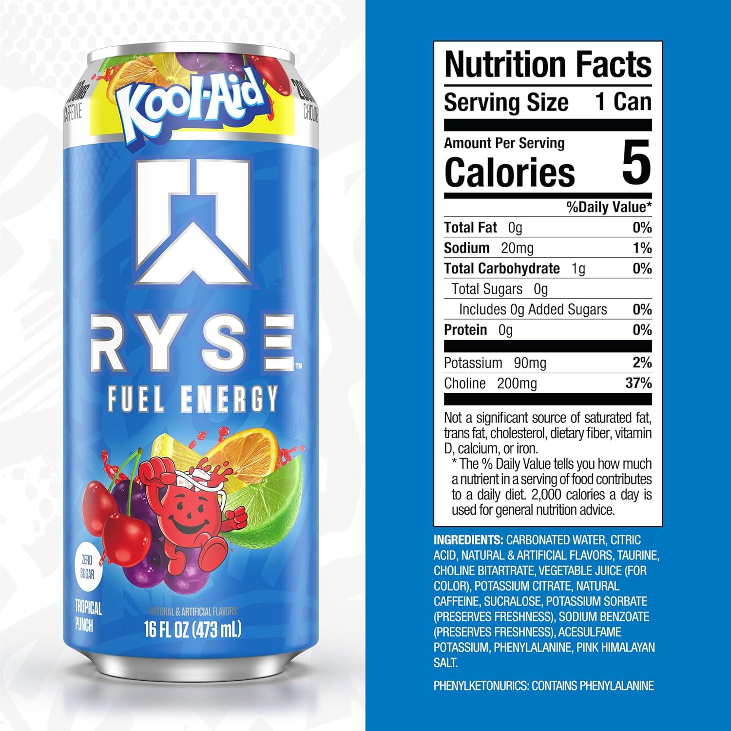 image:imageRYSE Fuel Energy Drink KoolAid Tropical Punch Sugar Free Gluten Free amp Vegan 200mg Natural Caffeine Taurine amp Choline for Focus amp Energy No Artificial Colors 16 fl oz Cans 12PackKoolAid Tropical Punch