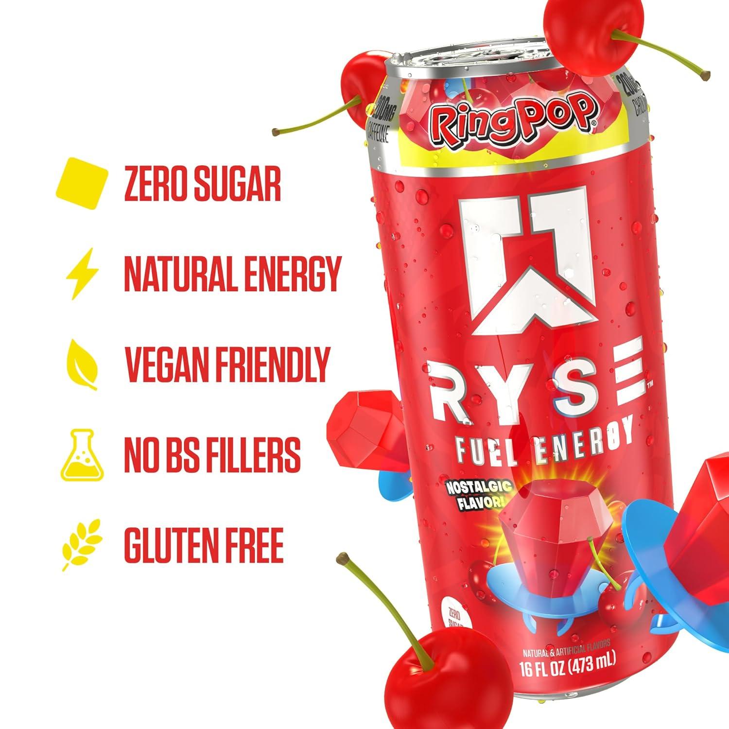 image:imageRYSE Fuel Energy Drink KoolAid Tropical Punch Sugar Free Gluten Free amp Vegan 200mg Natural Caffeine Taurine amp Choline for Focus amp Energy No Artificial Colors 16 fl oz Cans 12PackRing Pop Cherry