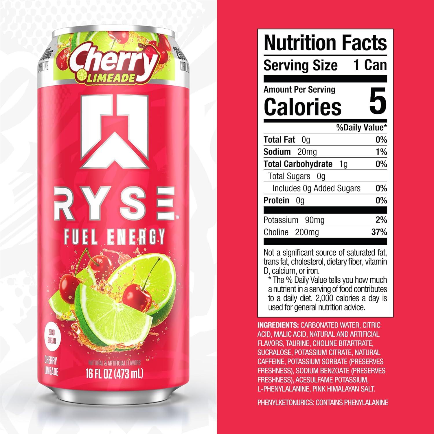 image:imageRYSE Fuel Energy Drink KoolAid Tropical Punch Sugar Free Gluten Free amp Vegan 200mg Natural Caffeine Taurine amp Choline for Focus amp Energy No Artificial Colors 16 fl oz Cans 12PackCherry Limeade