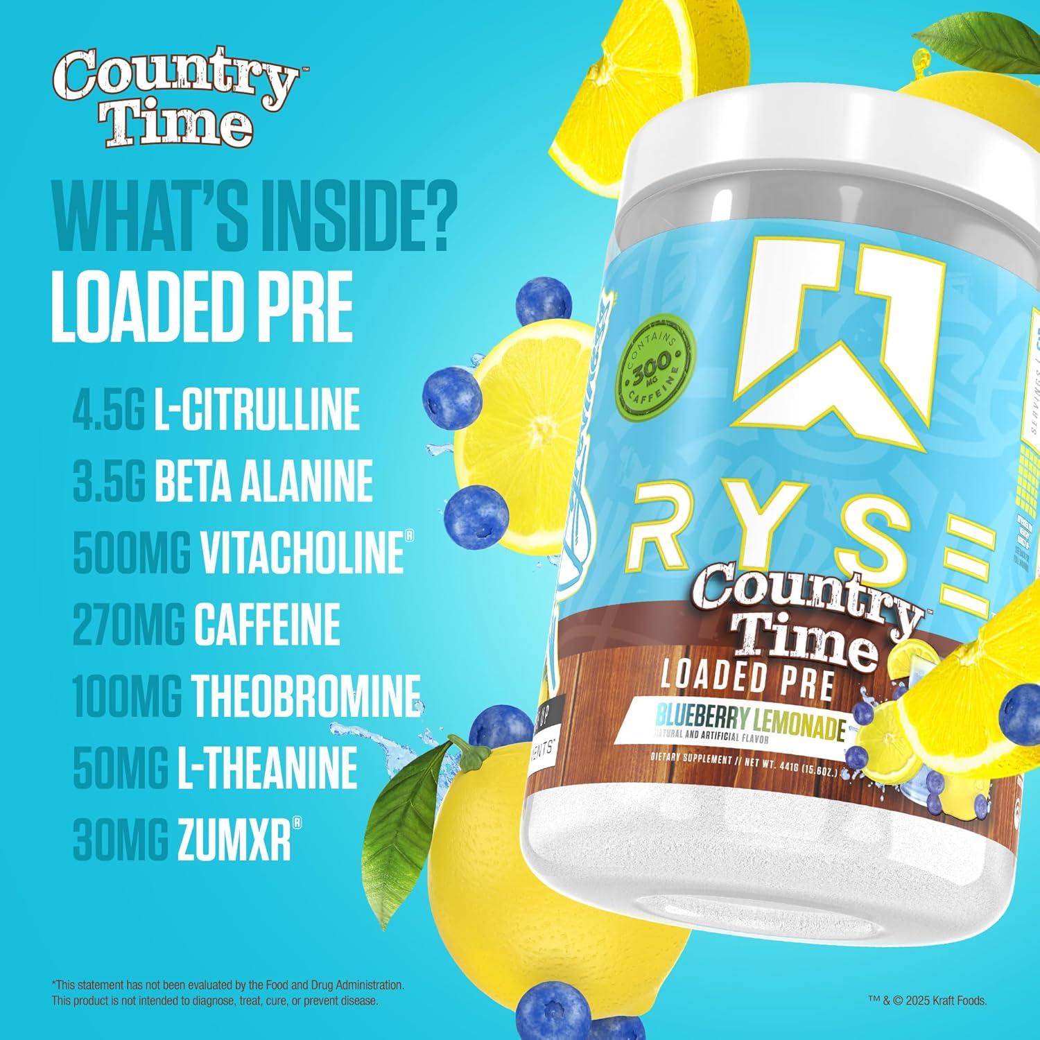 image:imageRyse Loaded Pre Workout Powder KoolAid Tropical Punch Daily PreWorkout for Men amp Women with 300mg Caffeine Beta Alanine and Citrulline for Pump Focus and Energy 30 ServingsCountry Time Blueberry Lemonade