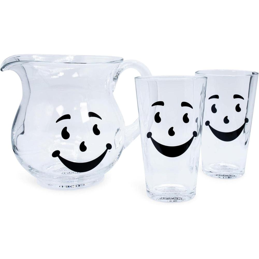 image:imageKoolAid Man 64Ounce Glass Pitcher and Two 16Ounce Pint Glasses Beverage Dispenser Carafe and Glassware For Water Juice Iced Tea Cocktails Home amp Kitchen Essentials Nostalgic Gifts