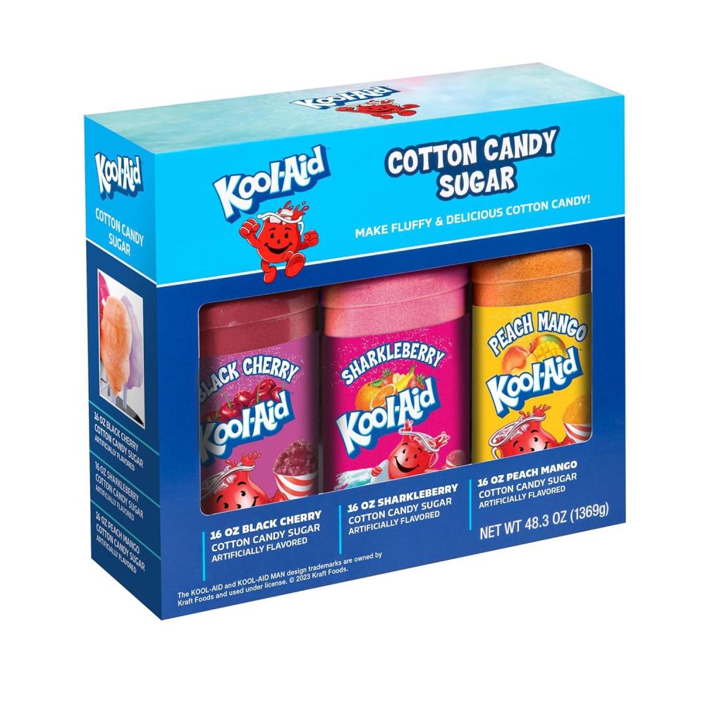 image:imageNostalgia KoolAid Cotton Candy Variety Kit 3 Flossing Sugar Flavors Blue Raspberry Strawberry Tropical Punch 7oz Bottles Compatible with Cotton Candy Makers Party SuppliesBlack Cherry Sharkleberry Peach Mango