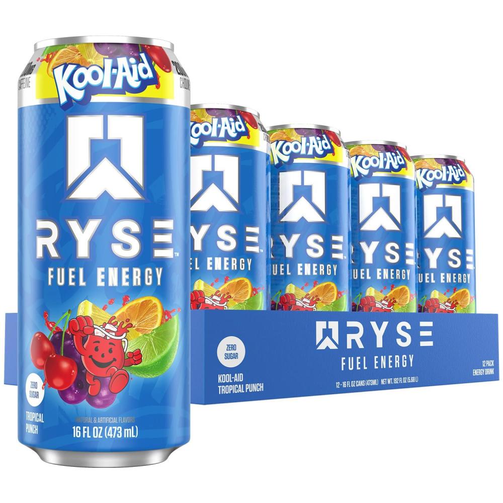 image:imageRYSE Fuel Energy Drink KoolAid Tropical Punch Sugar Free Gluten Free amp Vegan 200mg Natural Caffeine Taurine amp Choline for Focus amp Energy No Artificial Colors 16 fl oz Cans 12PackKoolAid Tropical Punch