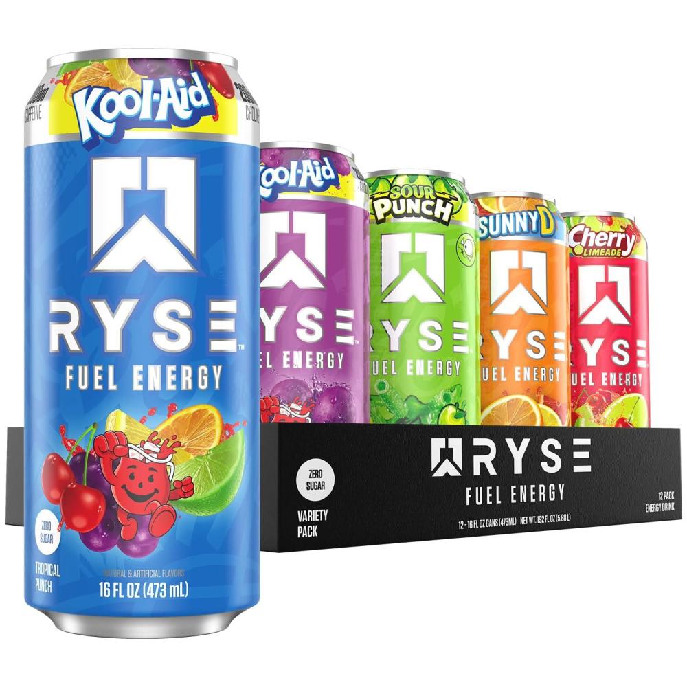 image:imageRYSE Fuel Energy Drink  KoolAid Tropical Punch  Sugar Free Gluten Free amp Vegan  200mg Natural Caffeine Taurine amp Choline for Focus amp Energy  No Artificial Colors  16 fl oz Cans 12PackVariety Pack
