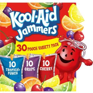 Kool-Aid Jammers Tropical Punch, Grape & Cherry Flavored 0% Juice Drink Variety Pack, 30 ct Box, 6 fl oz Pouches(Variety Pack)