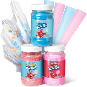 Nostalgia Kool-Aid Cotton Candy Variety Kit – 3 Flossing Sugar Flavors (Blue Raspberry, Strawberry, Tropical Punch) – 7-oz Bottles – Compatible with Cotton Candy Makers – Party Supplies(Kool-Aid Cotton Candy Kit)