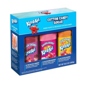 Nostalgia Kool-Aid Cotton Candy Variety Kit – 3 Flossing Sugar Flavors (Blue Raspberry, Strawberry, Tropical Punch) – 7-oz Bottles – Compatible with Cotton Candy Makers – Party Supplies(Black Cherry  Sharkleberry  Peach Mango)