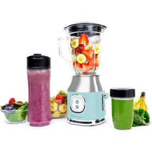 Nostalgia Kool-Aid Slush ‘N Go Personal Blender for Smoothies, Slushies, Shakes, and Fruit Blends, Includes Two 15 Oz Travel Bottles, Cup Lid, and Reusable Straw, Blue(Aqua Blender)